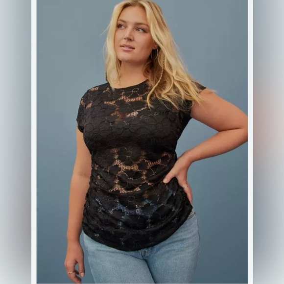 torrid Tops - Torrid FESTI Ruched Top Stretch Lace Deep Black Size 3